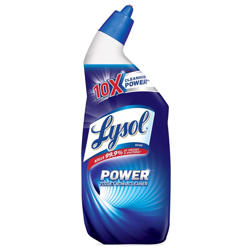 Emery Jensen CLEANR Bowl Lysol liquid cleaner in 24oz bottles, pack of 9, used for disinfecting and cleaning bowls.