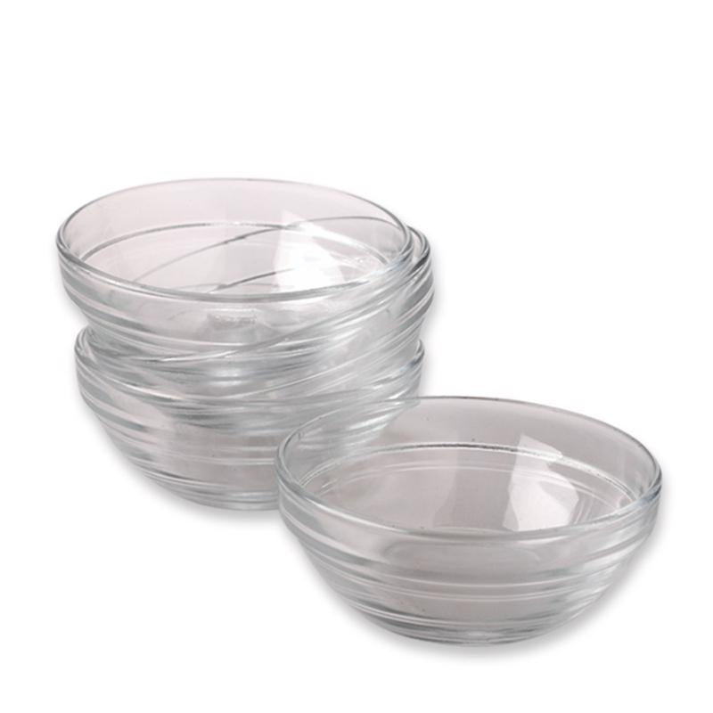 Set of four Emery Jensen 4oz prep bowls or colanders, round plastic kitchen containers for food prep and mixing.