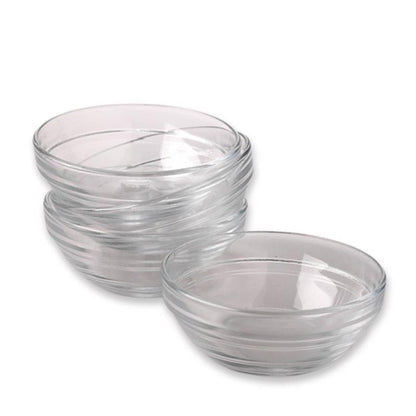 Set of four Emery Jensen 4oz prep bowls or colanders, round plastic kitchen containers for food prep and mixing.