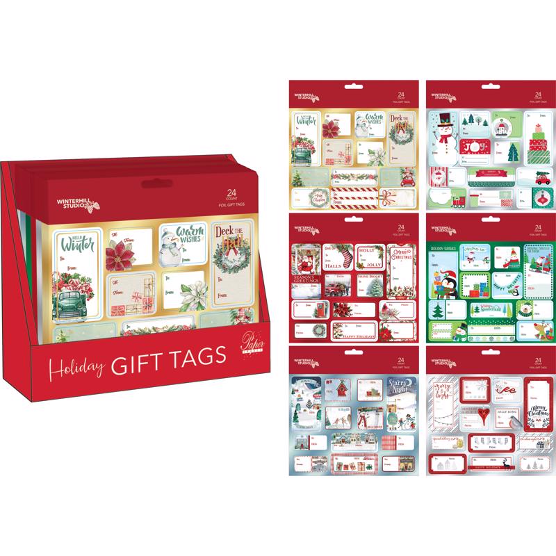 Peel and stick gift tags from Emery Jensen, 24-pack with 48 tags, featuring bows, ribbons, and decorative designs.