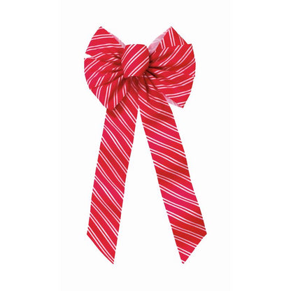 Set of 12 Emery Jensen velvet red and white bow stripe ribbons, 12 inches long, for gift wrapping and craft projects.