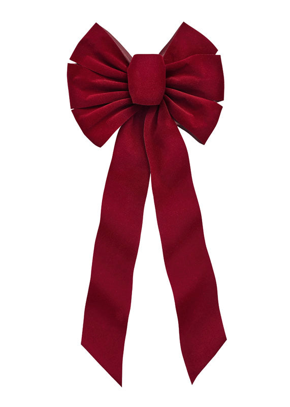 Set of 12 burgundy velvet bows, 22 inches long, from Emery Jensen, perfect for gift wrapping and decorative accents.