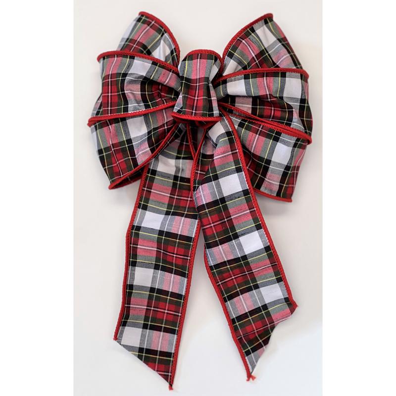 Emery Jensen holiday bows and ribbons in black, red, and white, perfect for Christmas gift wrapping and decorations.
