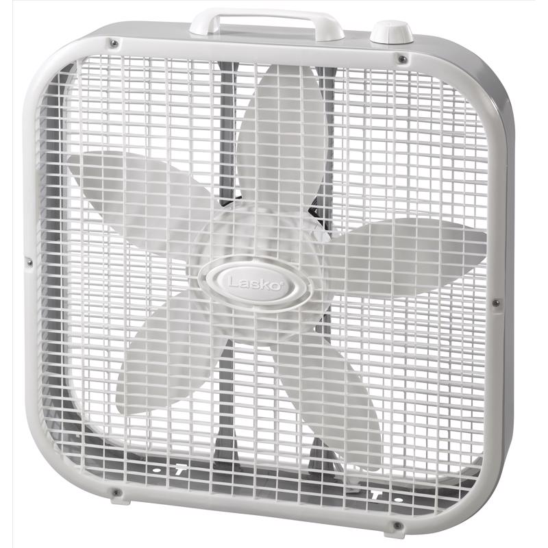 Emery Jensen 20-inch box fan with three-speed settings, white plastic frame, and adjustable fan blades for cooling.
