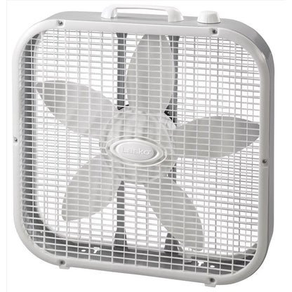 Emery Jensen 20-inch box fan with three-speed settings, white plastic frame, and adjustable fan blades for cooling.