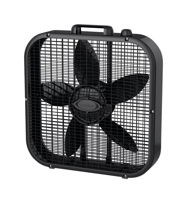Black 20-inch Emery Jensen box fan showing a rectangular fan with adjustable tilt and protective grille.