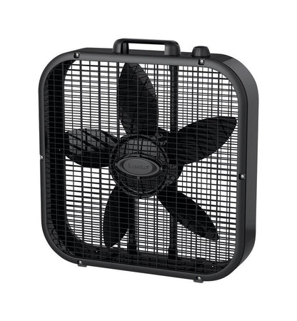 Black 20-inch Emery Jensen box fan showing a rectangular fan with adjustable tilt and protective grille.