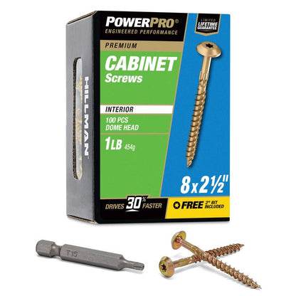 Boxed Emery Jensen CAB screw 8x2.5 inches, 1-pound pack, showing a close-up of the metal screw with threading and packaging.