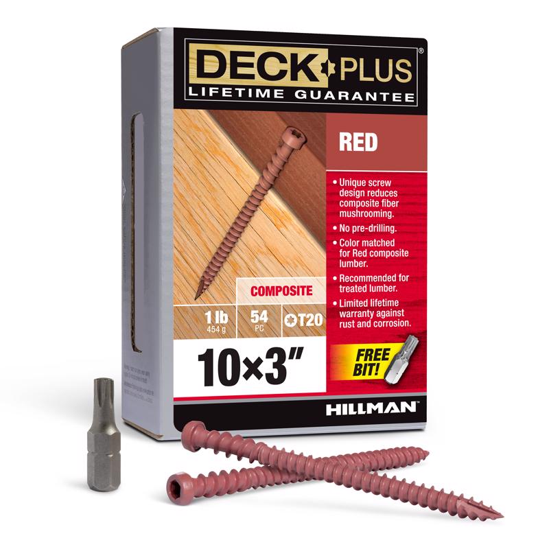 Box of Emery Jensen CMP red 10x3-inch screws, 1-pound pack, showing the screws in a sealed box with visible branding.