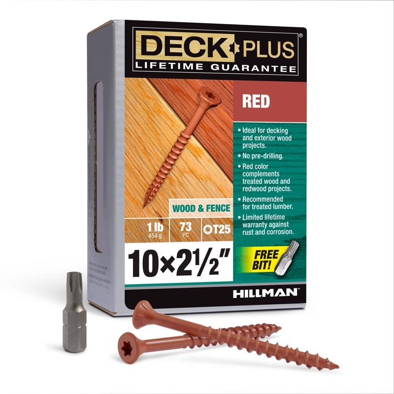 Red DCK screw 10x2.5 inch from Emery Jensen, 1-pound box with metal screws for construction and woodworking projects.