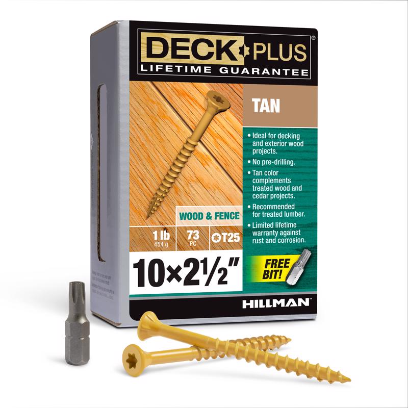 Boxed 1lb Emery Jensen DCK screw 10x2.5 inches in tan color, suitable for construction and woodworking projects.