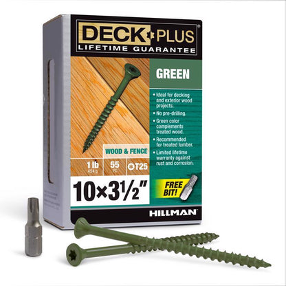 Boxed Emery Jensen DCK screw 10x3.5 inches in green, 1-pound package for woodworking and construction projects.