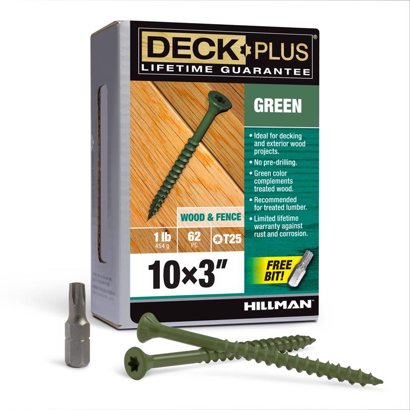 Boxed Emery Jensen DCK screw 10x3 inches, 1 lb green coated wood screw, shown in its packaging.