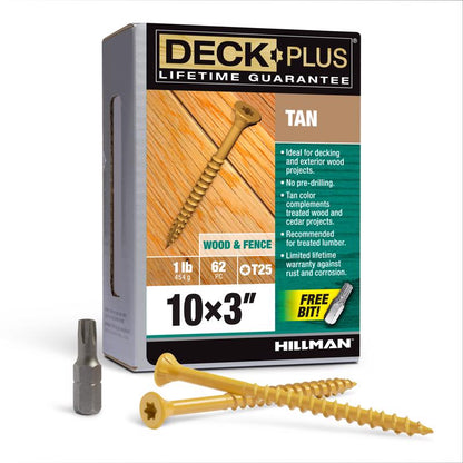 Boxed Emery Jensen DCK screw 10x3 inch tan 1lb package, showing the screws in a clear, organized container.