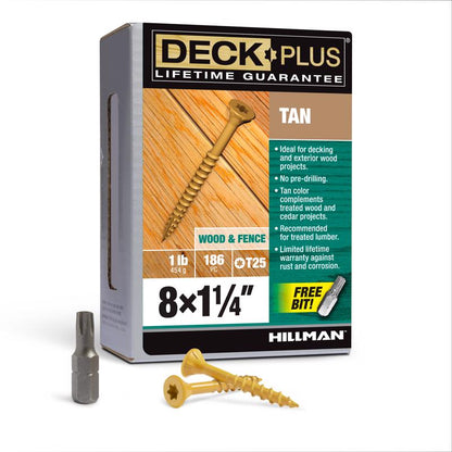 Boxed Emery Jensen DCK screw 8x1.25 inch tan, 1-pound pack, showing a close-up of the threaded screw in a box.