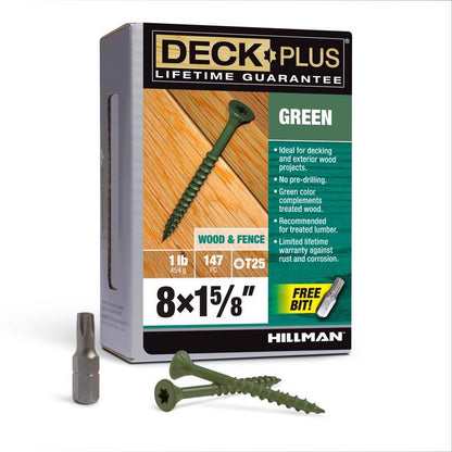 Green DCK screw, 8x1.625 inch, Emery Jensen boxed 1lb package, showing the exterior of the product with screws inside.
