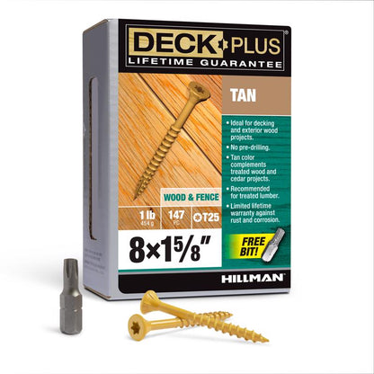 Box of Emery Jensen DCK screws, 8x1.625 inch tan, 1 lb box with neatly arranged screws for woodworking or construction.