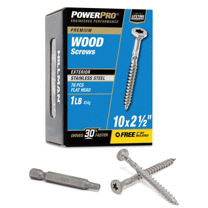 Box of Emery Jensen 10x2.5-inch stainless steel deck screws, 1-pound box, durable outdoor wood fasteners