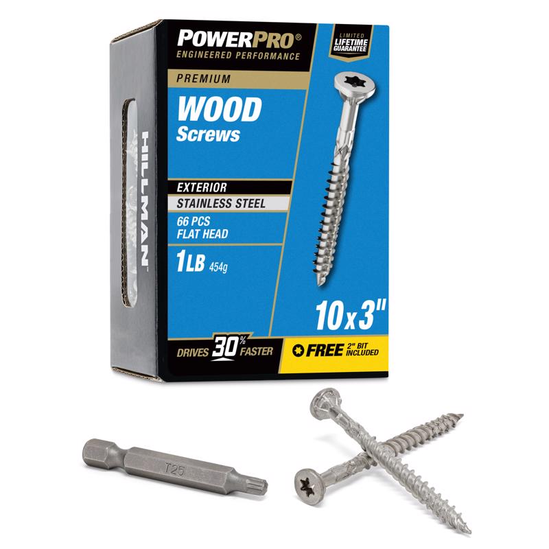 Box of Emery Jensen 10x3 inch stainless steel deck screws in a 1-pound box, suitable for outdoor decking projects.