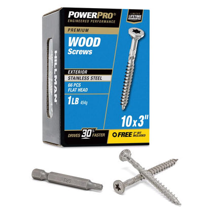Box of Emery Jensen 10x3 inch stainless steel deck screws in a 1-pound box, suitable for outdoor decking projects.