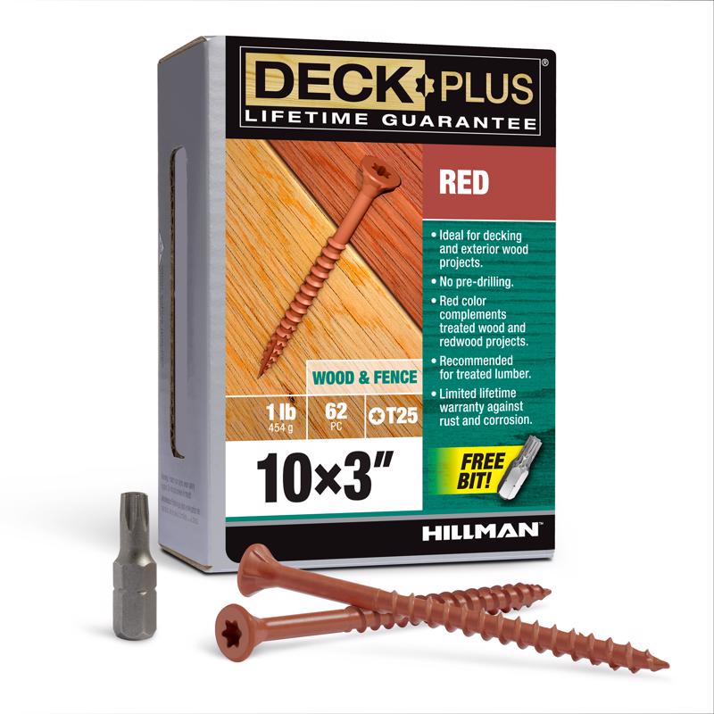 Red 10x3-inch deck screw by Emery Jensen in a 1-pound box, shown in its packaging for outdoor construction projects.