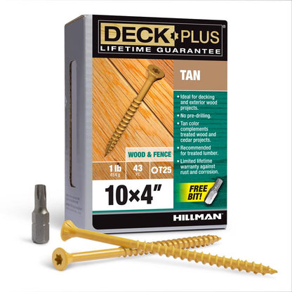 Box of Emery Jensen 10x4-inch tan deck screws, 1-pound pack, with screws visible in a sturdy box for outdoor decking projects.