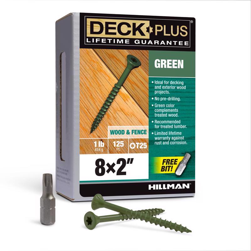 Green Emery Jensen deck screw 8x2 inches in boxed 1-pound pack, showing the screw with threaded shaft and flat head.