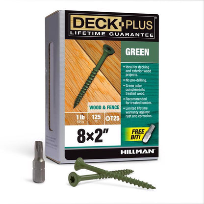 Green Emery Jensen deck screw 8x2 inches in boxed 1-pound pack, showing the screw with threaded shaft and flat head.