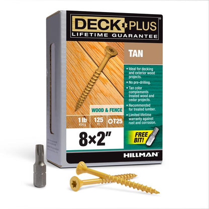Box of Emery Jensen 8x2-inch tan deck screws, 1-pound pack, with screws visible in the image