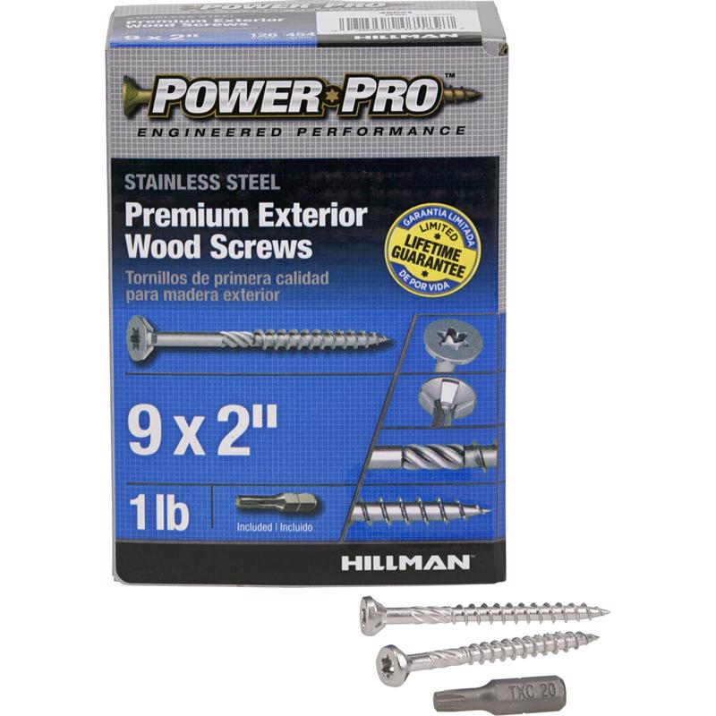 Box of Emery Jensen 9x2-inch stainless steel deck screws in a 1-pound box, suitable for outdoor woodworking projects.