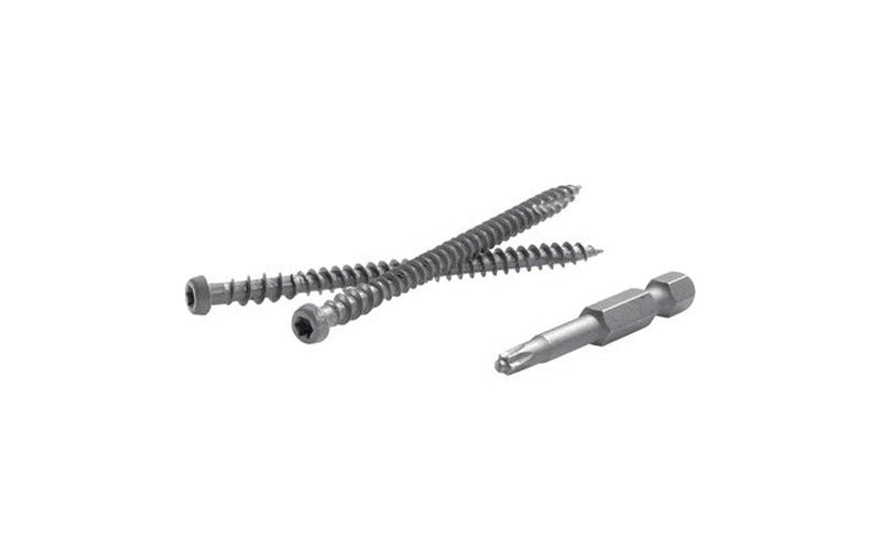 Box of Emery Jensen 1lb deck screws, corrosion-resistant composite Tikitrch design, suitable for outdoor decking projects.