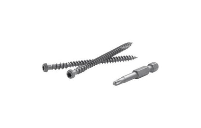 Box of Emery Jensen 1lb deck screws, corrosion-resistant composite Tikitrch design, suitable for outdoor decking projects.