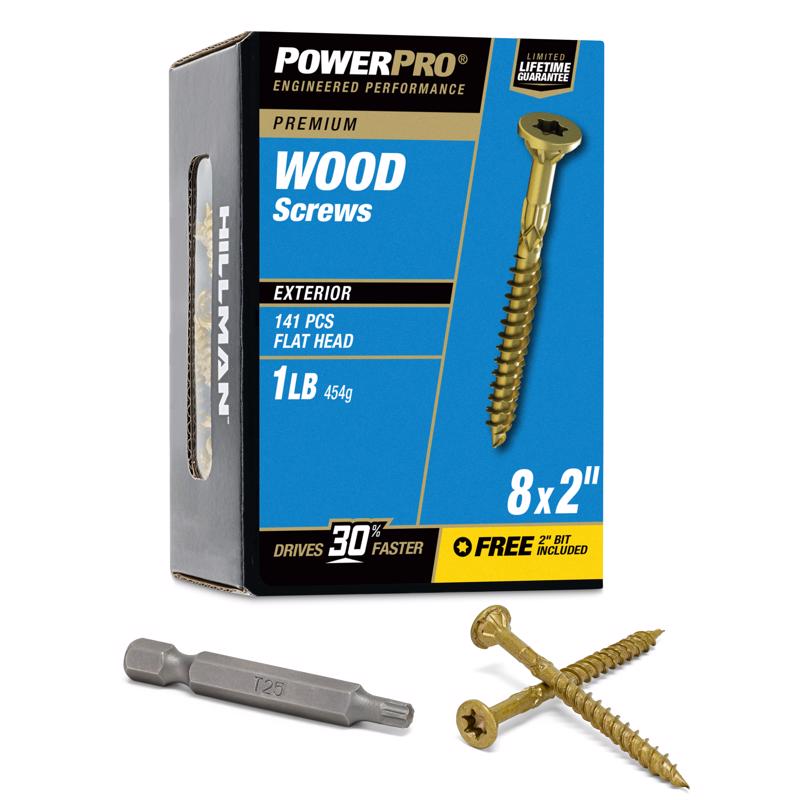 Box of Emery Jensen #8x2 inch deck screws in a 1-pound box, showing neatly arranged silver steel screws for outdoor decking.