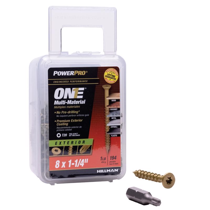 Boxed Emery Jensen Multiscrew #8x1 1/4 inch in bronze finish, 1-pound box of durable screws for woodworking and construction.