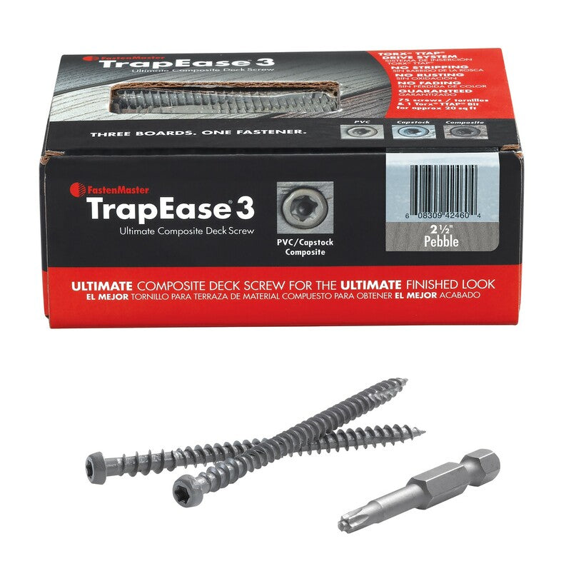 Boxed 1lb Emery Jensen trapezo screw, 2.5-inch PBL gray, showing the metal screw with threading and packaging.