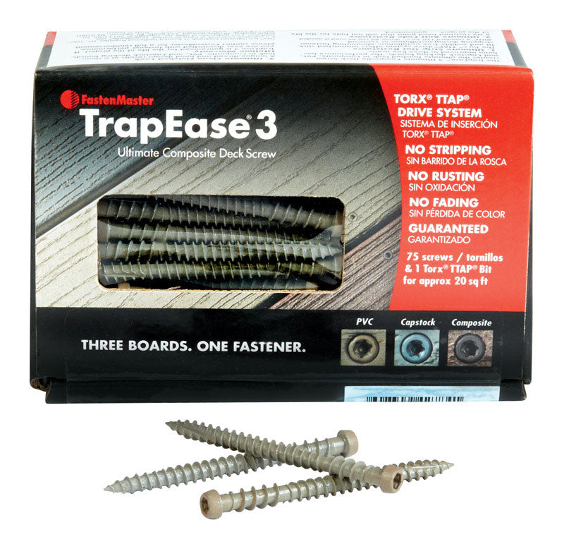 Boxed Emery Jensen Trapezoidal Screws Dune 2.5-inch, 1lb package with black finish, suitable for construction and woodworking projects.