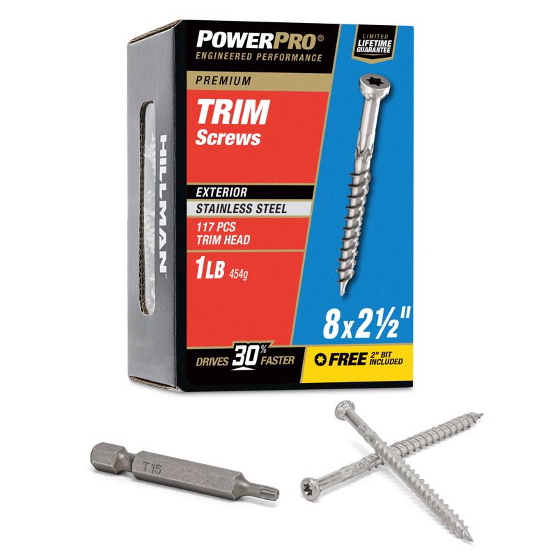 Boxed Emery Jensen 1lb SS 8x2.5-inch trim screws in packaging, ideal for woodworking and finishing projects.