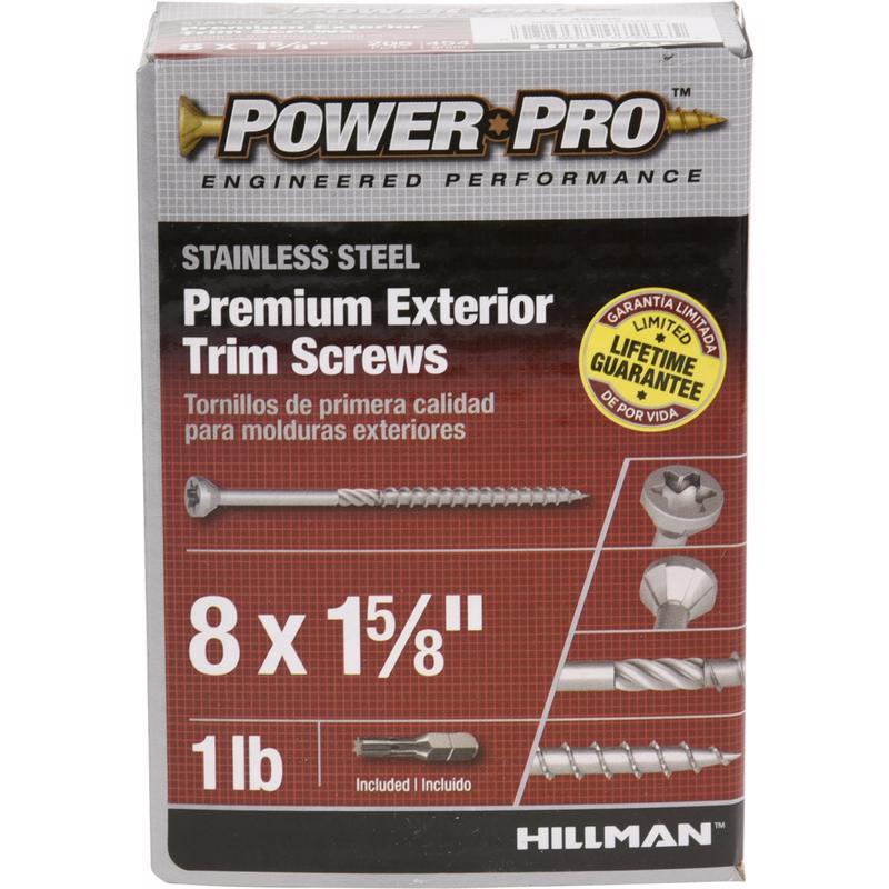 Box of Emery Jensen 8x1.625-inch stainless steel trim screws, 1-pound box, for wood and metal fastening.