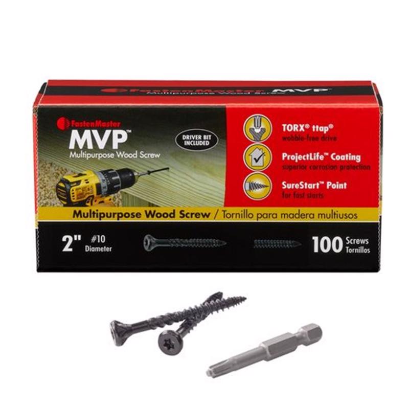 Box of 100 black wood screws by Emery Jensen, 2-inch length, packaged in a 1-pound box for woodworking projects.