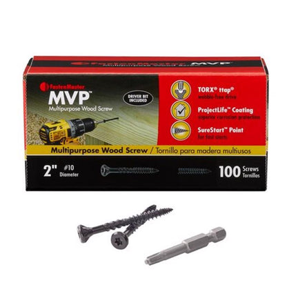 Box of 100 black wood screws by Emery Jensen, 2-inch length, packaged in a 1-pound box for woodworking projects.