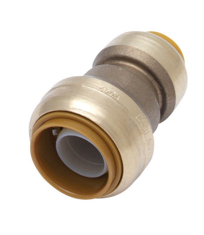 Emery Jensen SB Red Couple 1x3/4 brass CTS push fitting for plumbing connections, shown in close-up.
