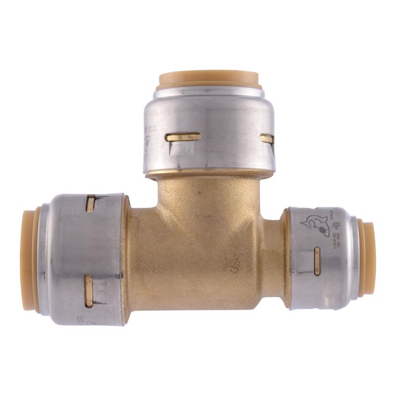 Emery Jensen brass CTS push fitting SB TEE 3/4 x 1/2 x 3/4 for plumbing applications, shown in a close-up image.
