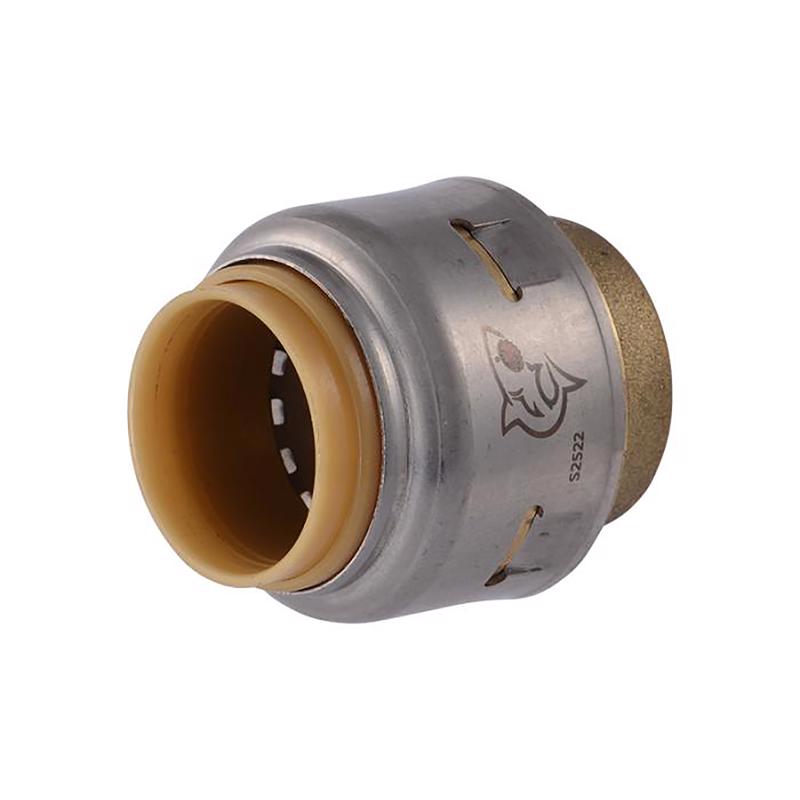 Emery Jensen brass CTS push fitting SharkBite cap, 1/2 inch LF, used for plumbing connections with durable brass construction.