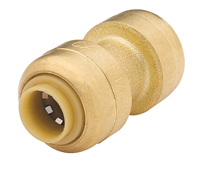 Emery Jensen SharkBite couple 1/4" brass CTS push fittings for plumbing connections, shown in a close-up image.