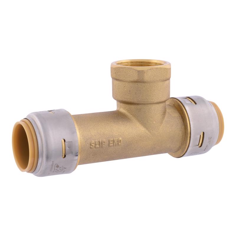 Emery Jensen Sharkbite TEE 3/4" FPT brass CTS push fitting for plumbing connections, shown in a close-up image.