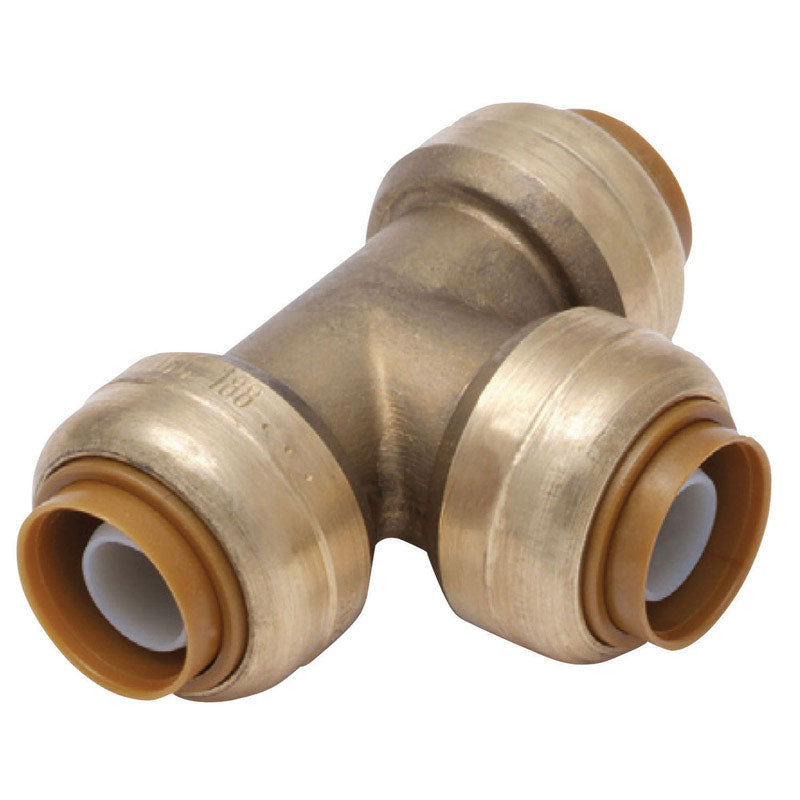Emery Jensen SharkBite TEE 3/8" LF brass CTS push fitting for plumbing connections, showing the T-shaped fitting in silver metal.