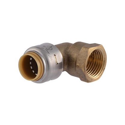 Emery Jensen brass IPS push fitting SB elbow 1/2 x 1/2 F LF for plumbing connections, shown in a close-up image.