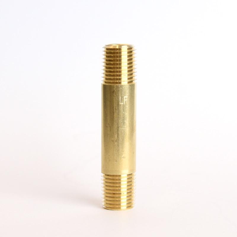 Brass nipple fitting, 1/4 inch by 2-1/2 inch MPT, from Emery Jensen, showing a threaded pipe connector for plumbing applications.