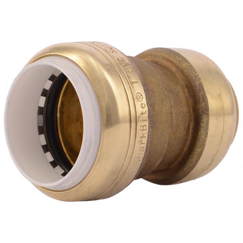 Emery Jensen brass push ball valve with 1-inch PVC and CTS connections, showcasing a durable brass construction and push-fit design.