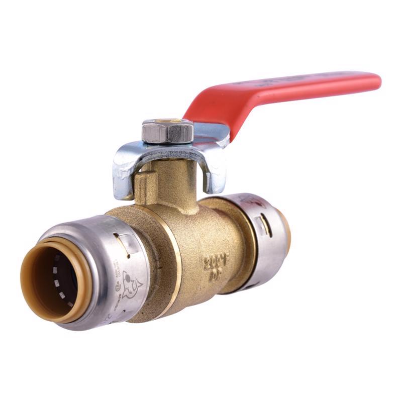 Emery Jensen brass push ball valve, 1/2 inch LF size, showcasing the brass body and push-fit connection for plumbing use.